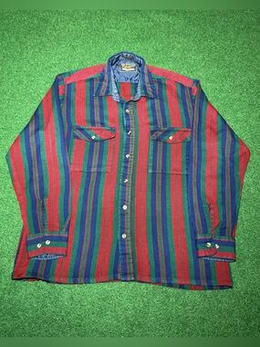 Backpacker Outdoors Flannel Striped Shirt Button Up 80s 90s Long Sleeve Large